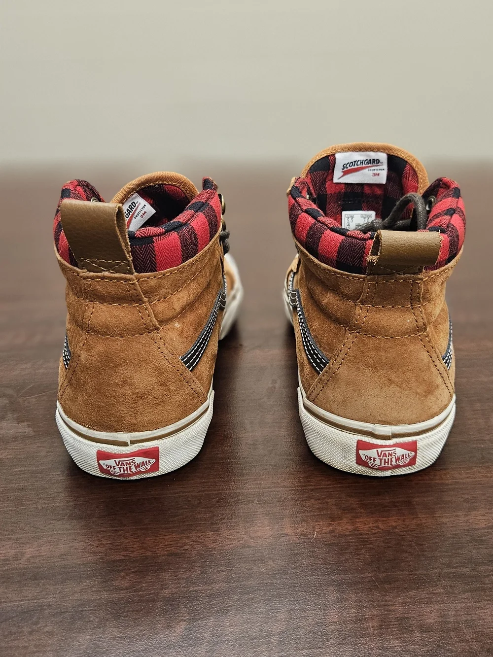 Vans Tan Suede High-Top Sneakers with Red Plaid Collar